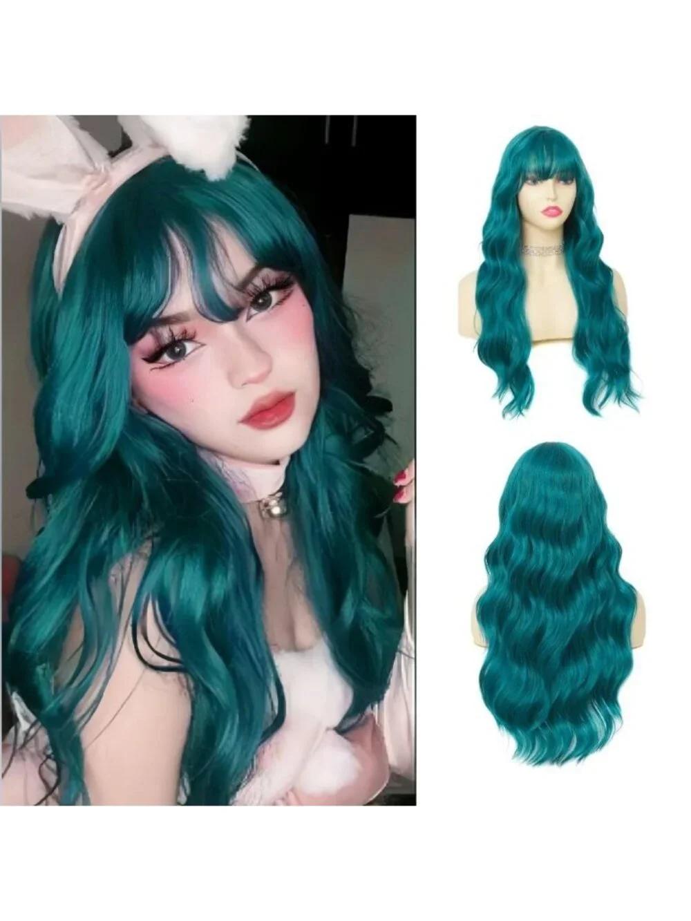 Women's Bangs Blue Long Curly Wig With Wavy Synthetic Cosplay Halloween Wig